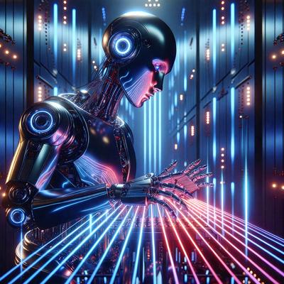 The primary subject of the image is a robot with a human-like face, wearing a black and silver suit. The robot is standing in front of a backdrop of a computer server room, which is filled with rows of computer servers. The visual style of the image is digital art, as it appears to be a computer-generated or digitally rendered scene. The colors and mood of the image are predominantly blue and purple, giving it a futuristic and technological atmosphere.